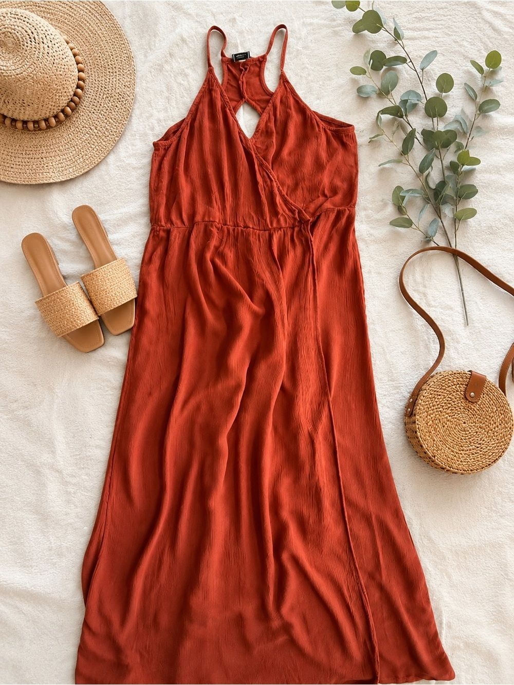 Pimkie Rust Burnt Orange Cutout Maxi Dress Strappy Back Size L